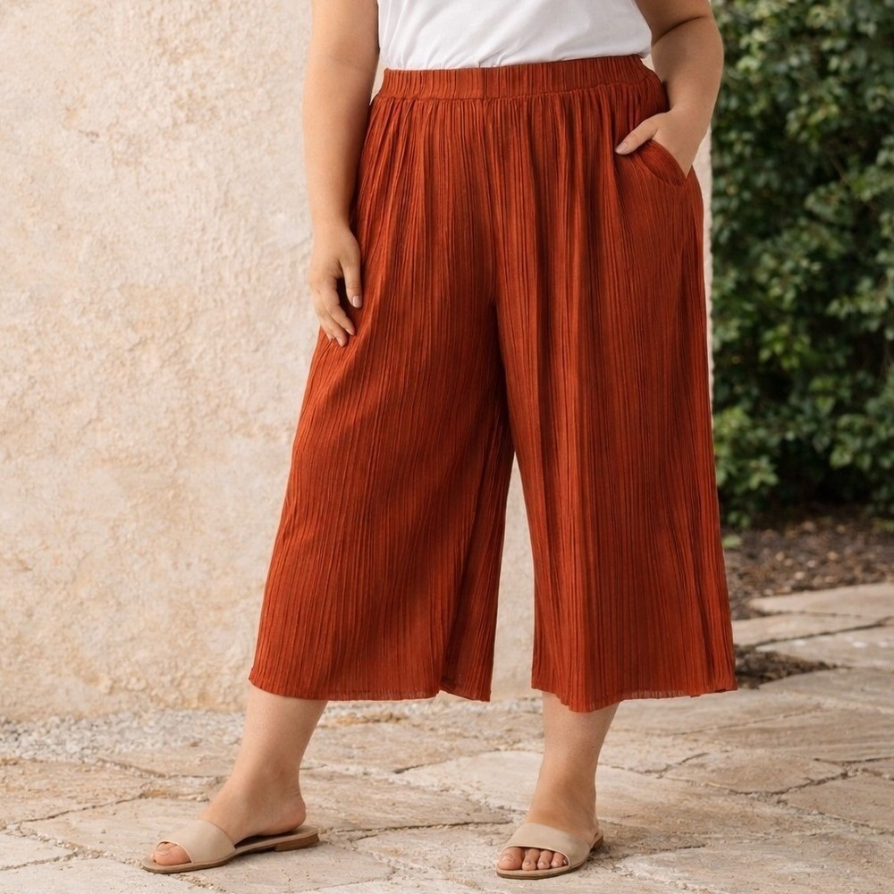 Nine West Burnt Orange Pleated Wide Leg Crop Pants 1X Flowy‎ Minimalist